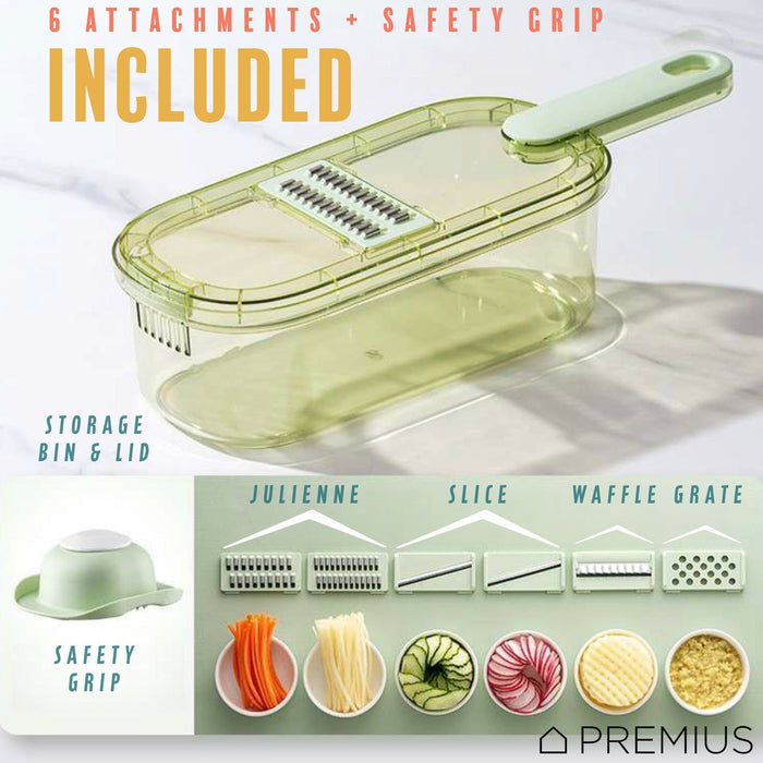 Shopbobbys Premius 6-In-1 Mandoline Slicer With Storage Bin And Handle, Green-Clear, 1.5 Quarts