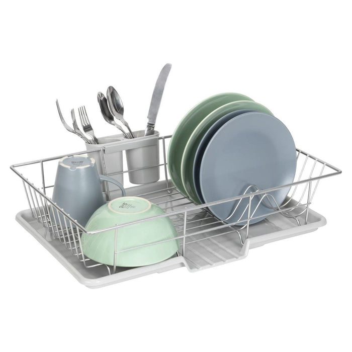 Shopbobbys Premius 3-Piece Dish Drainer With Cutlery Holder, Grey, 19X12X5 Inches