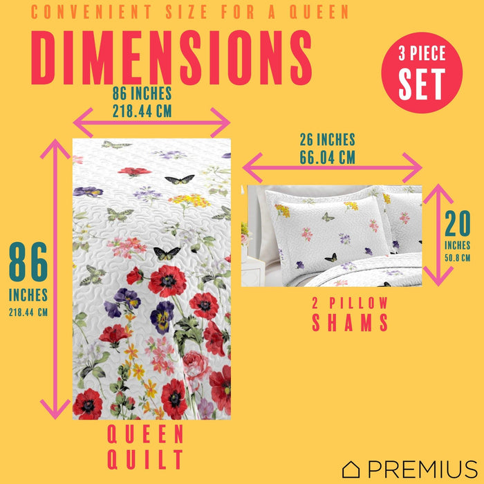 Shopbobbys Premius Butterfly 3 Piece Microfiber Wrinkle-Free Quilt Set, White-Multi