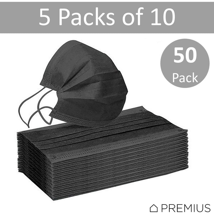 Shopbobbys Premius Protective Disposable Face Mask, Elastic Band, Black, Metal Nose Wire, 50-Pack