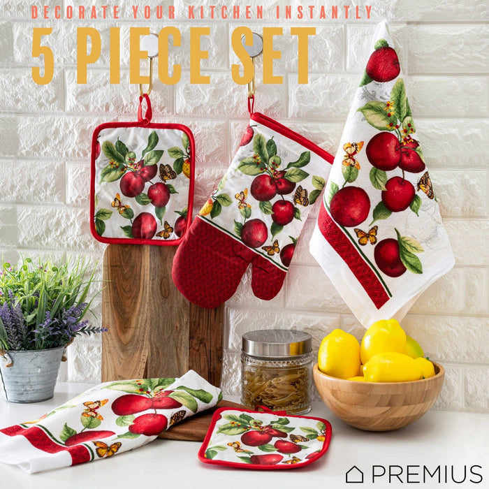 Shopbobbys Premius 5 Piece Printed Kitchen Linen Set, 2 Cotton Towels, 2 Pot Holders, 1 Oven Mitt