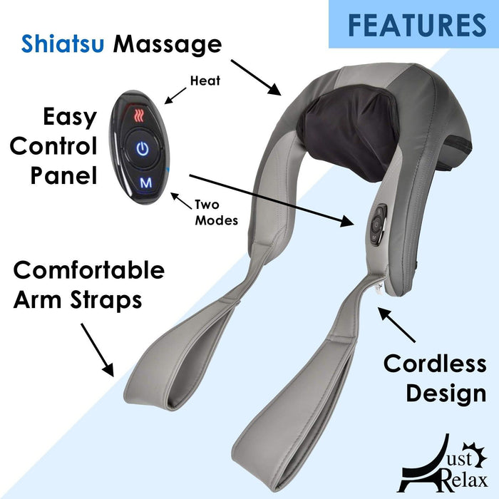 Shopbobbys Just Relax Cordless Shiatsu Shoulder And Neck Massager With Heat, Gray