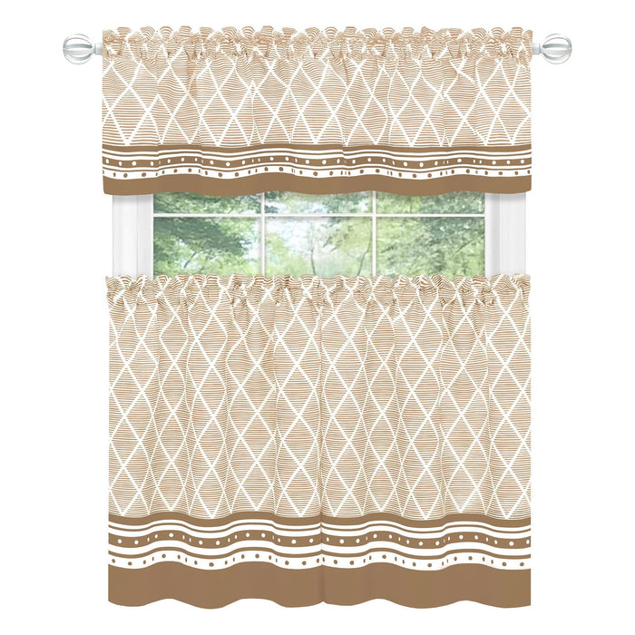 Achim Boho Printed Kitchen Curtain Set, Mocha, Valance 58x13, Tiers 58x36 Inches