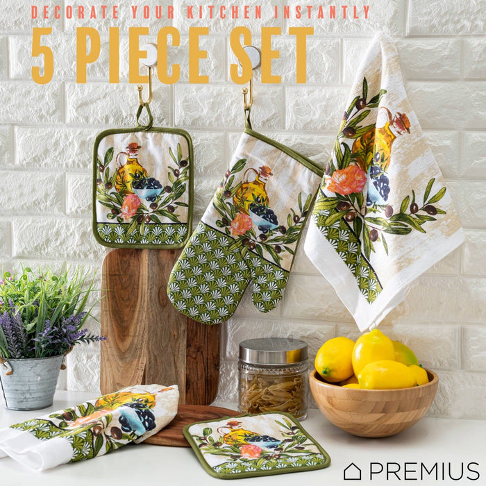 Shopbobbys Premius 5 Piece Printed Kitchen Linen Set, 2 Cotton Towels, 2 Pot Holders, 1 Oven Mitt