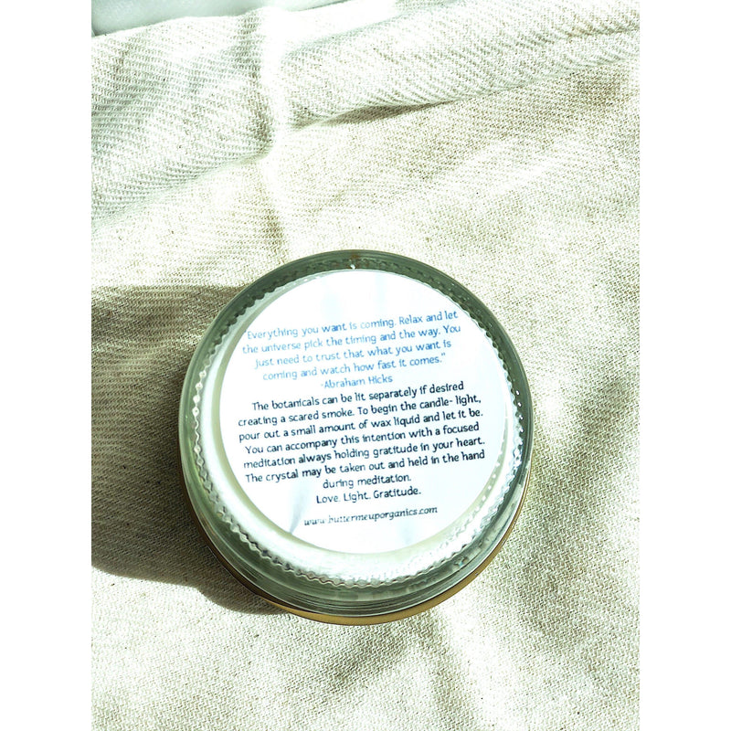 Butter Me Up Organics Blessings Candle / Intention Candle / Good Luck / Soy Handpoured Candle/ Candle with Crystals / Botanical Candle / Essential Oil Candle Metaphysical