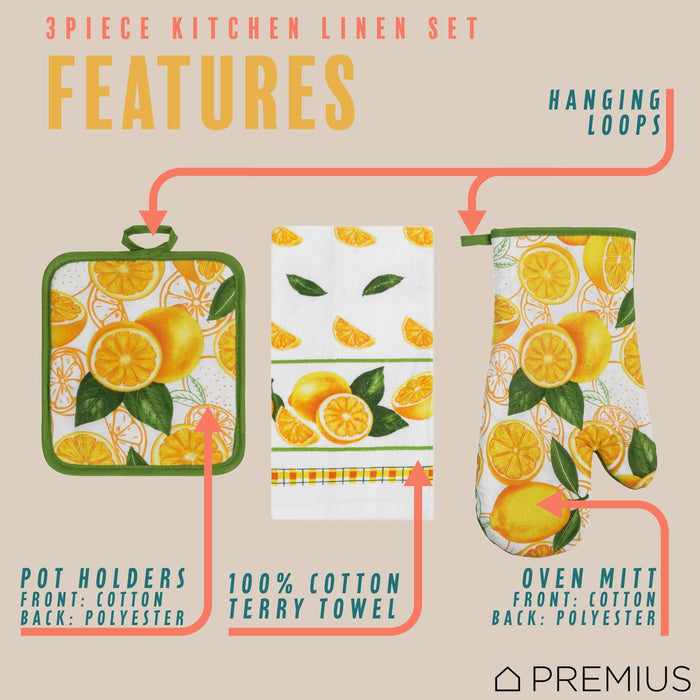 Shopbobbys Premius 3 Piece Printed Kitchen Linen Set, 1 Cotton Towel, 1 Pot Holder, 1 Oven Mitt