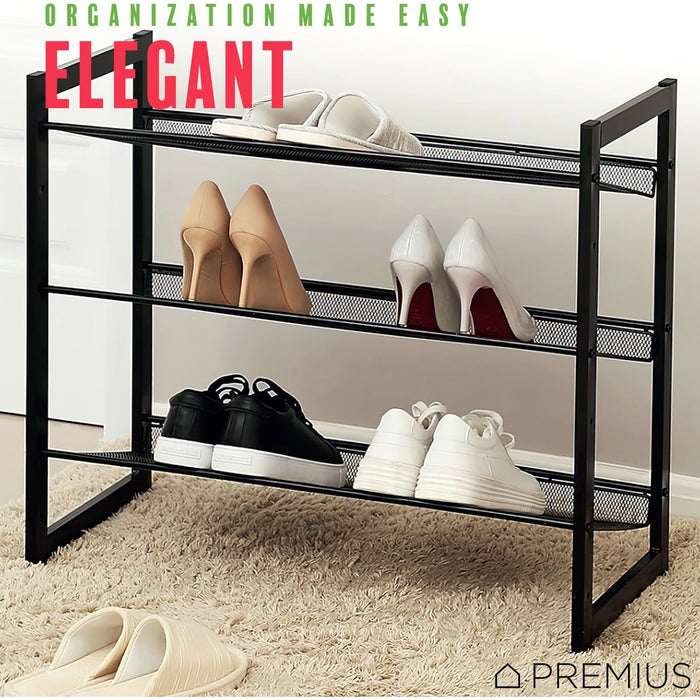 PREMIUS 3 Layer Metal Mesh Shelf Shoe Rack, Black, 29x12x16.5 Inches