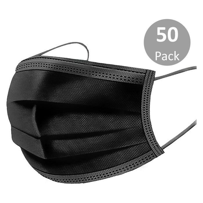 Shopbobbys Premius Protective Disposable Face Mask, Elastic Band, Black, Metal Nose Wire, 50-Pack