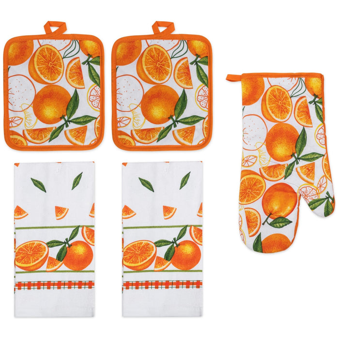 Shopbobbys Premius 5 Piece Printed Kitchen Linen Set, 2 Cotton Towels, 2 Pot Holders, 1 Oven Mitt