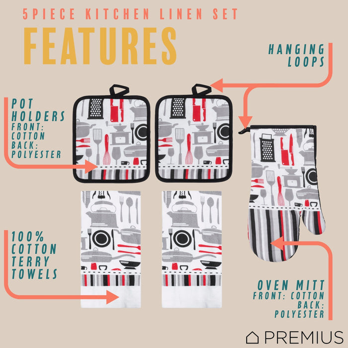 Shopbobbys Premius 5 Piece Printed Kitchen Linen Set, 2 Cotton Towels, 2 Pot Holders, 1 Oven Mitt