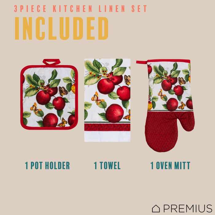 Shopbobbys Premius 3 Piece Printed Kitchen Linen Set, 1 Cotton Towel, 1 Pot Holder, 1 Oven Mitt