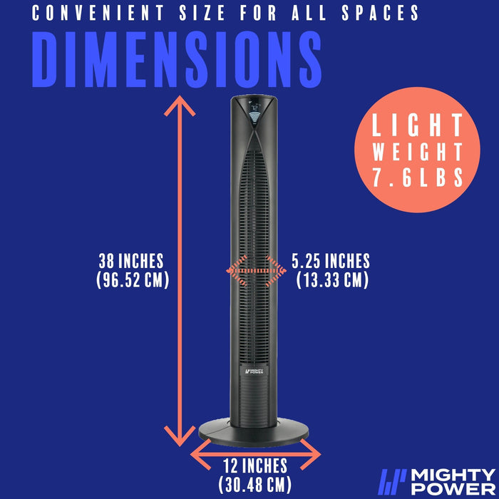 Shopbobbys Mighty Power 3 Speed Led Tower Fan With Remote Control, Timer, Night Mode, Black, 38 Inches