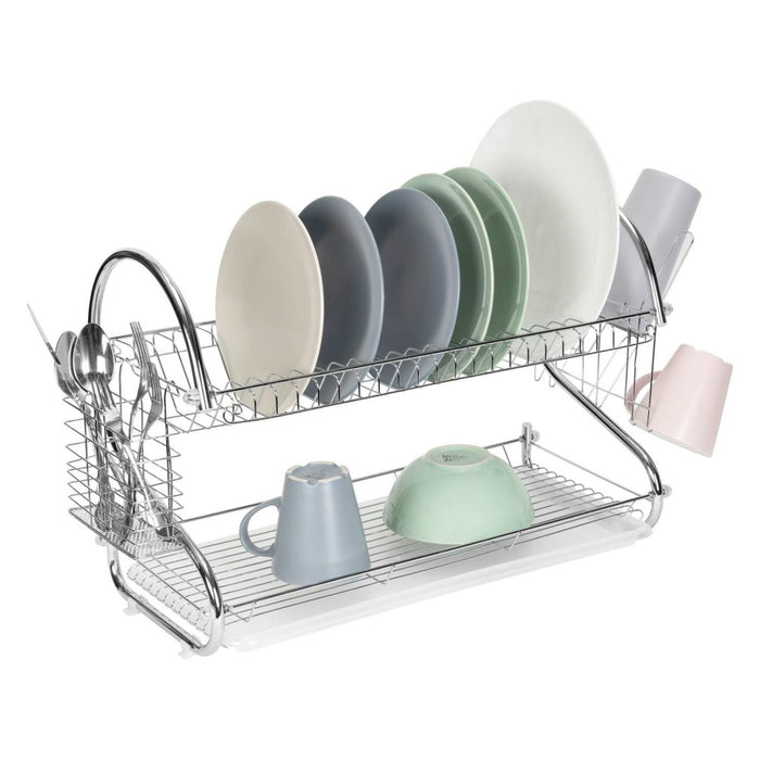 Shopbobbys Premius 2-Tier S-Shape Dish Rack With Drainage Tray And Cutlery Holder, Chrome, 22X9.75X15 Inches