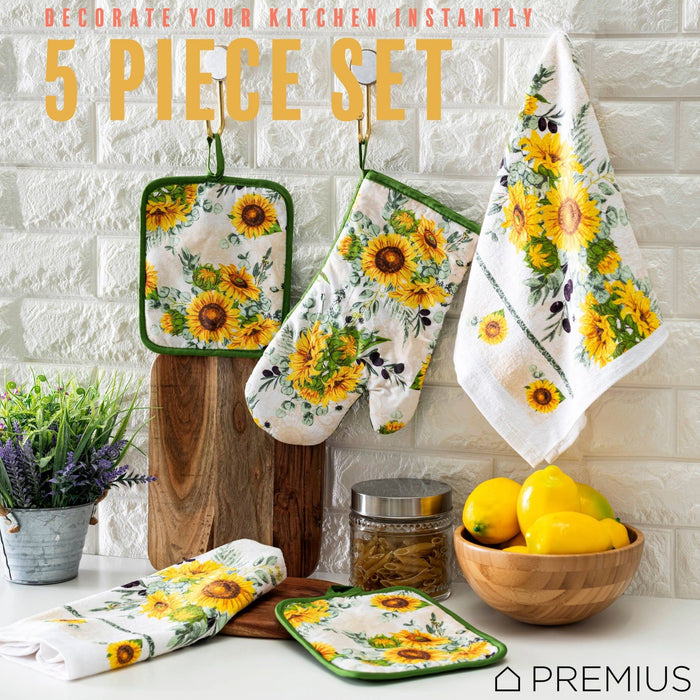 Shopbobbys Premius 5 Piece Printed Kitchen Linen Set, 2 Cotton Towels, 2 Pot Holders, 1 Oven Mitt