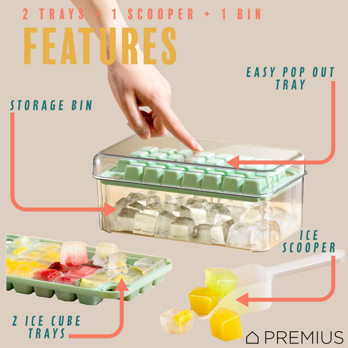 Shopbobbys Premius 2 Tray Ice Cube Tray With Container And Scoop, Green-Clear