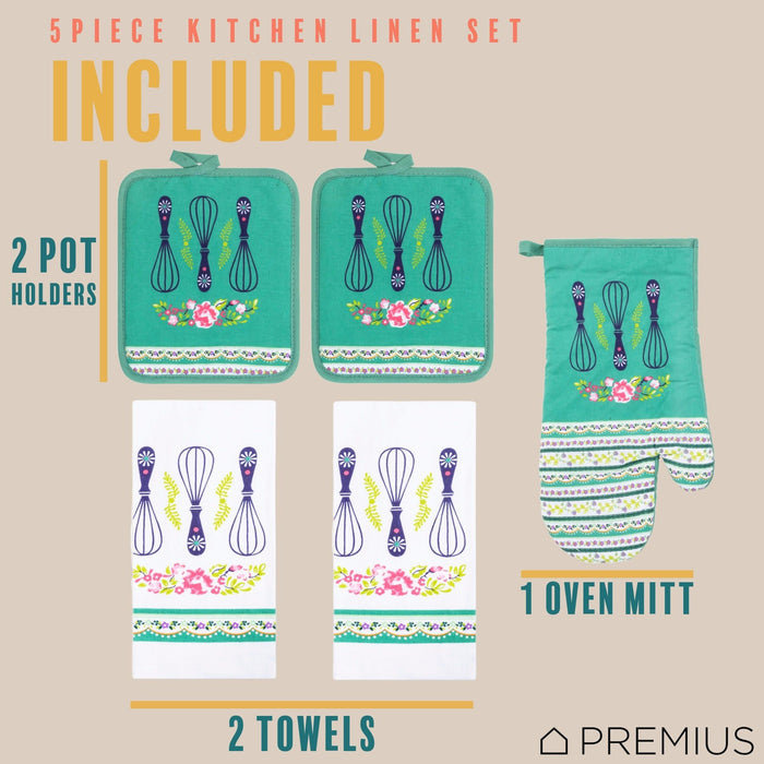 Shopbobbys Premius 5 Piece Printed Kitchen Linen Set, 2 Cotton Towels, 2 Pot Holders, 1 Oven Mitt