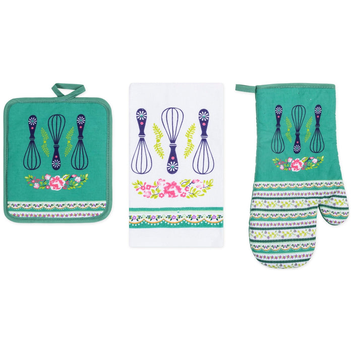 Shopbobbys Premius 3 Piece Printed Kitchen Linen Set, 1 Cotton Towel, 1 Pot Holder, 1 Oven Mitt