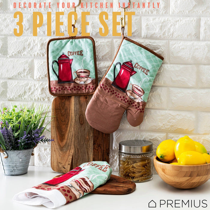 Shopbobbys Premius 3 Piece Printed Kitchen Linen Set, 1 Cotton Towel, 1 Pot Holder, 1 Oven Mitt