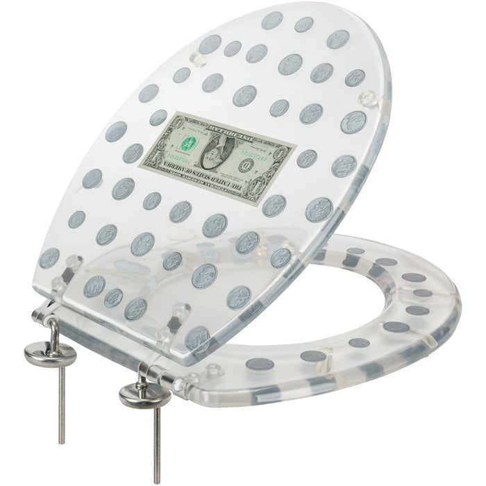 Shopbobbys Premius Polyresin Dollar Bill & Coins Money Toilet Seat, Clear, Standard Round, 17 Inches