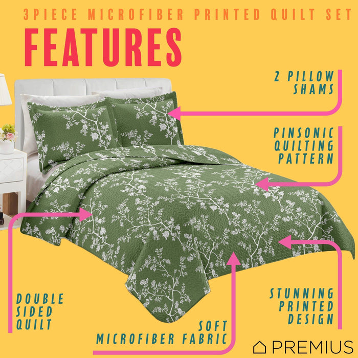 Shopbobbys Premius Fernando 3 Piece Microfiber Wrinkle-Free Quilt Set, Green-White