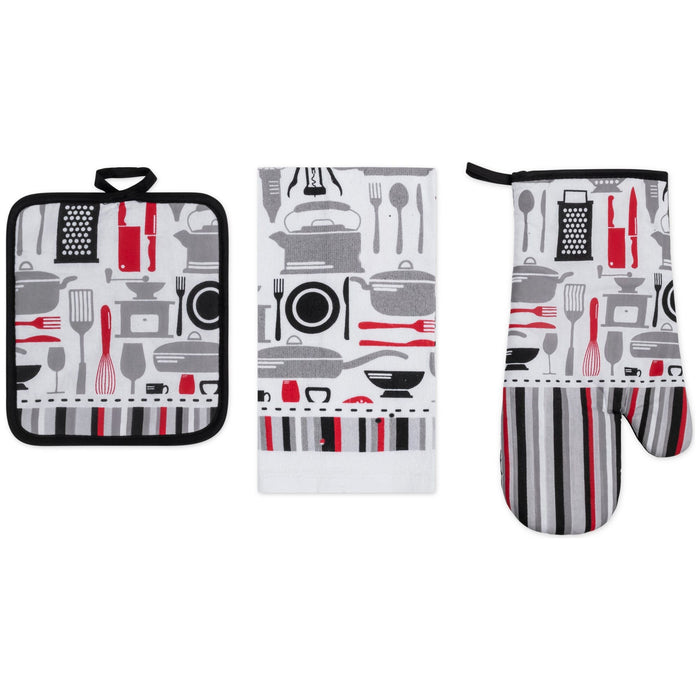 Shopbobbys Premius 3 Piece Printed Kitchen Linen Set, 1 Cotton Towel, 1 Pot Holder, 1 Oven Mitt