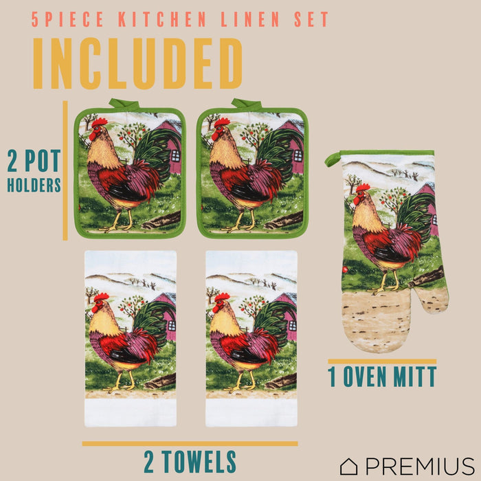 Shopbobbys Premius 5 Piece Printed Kitchen Linen Set, 2 Cotton Towels, 2 Pot Holders, 1 Oven Mitt