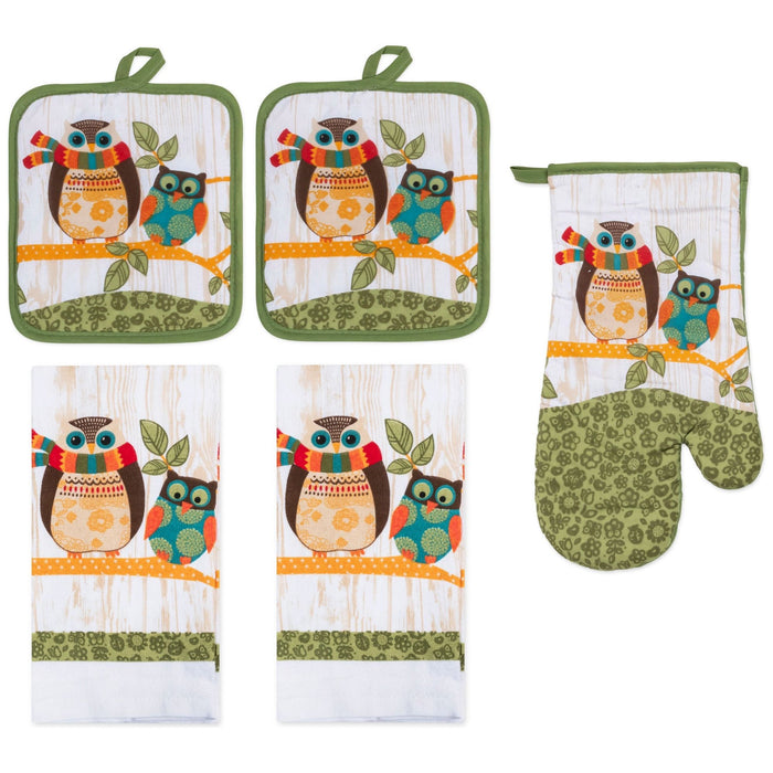 Shopbobbys Premius 5 Piece Printed Kitchen Linen Set, 2 Cotton Towels, 2 Pot Holders, 1 Oven Mitt