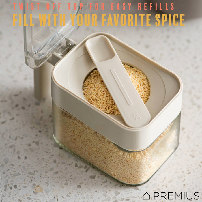 Shopbobbys Premius Stacking Glass Seasoning Spice Jar With No-Touch Spoon And Lid, White, 10.58 Ounces