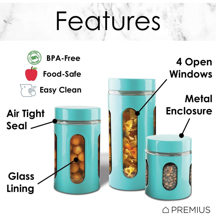 Shopbobbys Premius Airtight 3-Piece Kitchen Glass Canister Set, Turquoise Blue