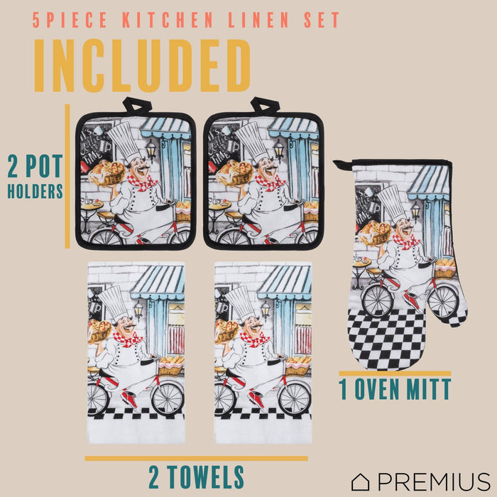 Shopbobbys Premius 5 Piece Printed Kitchen Linen Set, 2 Cotton Towels, 2 Pot Holders, 1 Oven Mitt