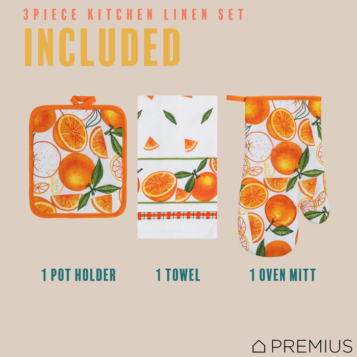 Shopbobbys Premius 3 Piece Printed Kitchen Linen Set, 1 Cotton Towel, 1 Pot Holder, 1 Oven Mitt