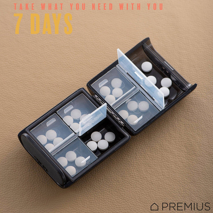 Shopbobbys Premius 7 Day Compact Travel Foldable Pill Organizer Box, Clear-Black, 3.3X2.95X1.18 Inches