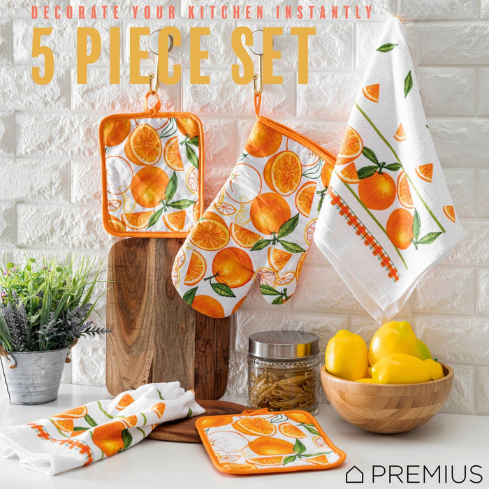 Shopbobbys Premius 5 Piece Printed Kitchen Linen Set, 2 Cotton Towels, 2 Pot Holders, 1 Oven Mitt