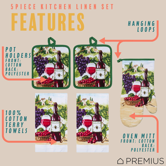 Shopbobbys Premius 5 Piece Printed Kitchen Linen Set, 2 Cotton Towels, 2 Pot Holders, 1 Oven Mitt