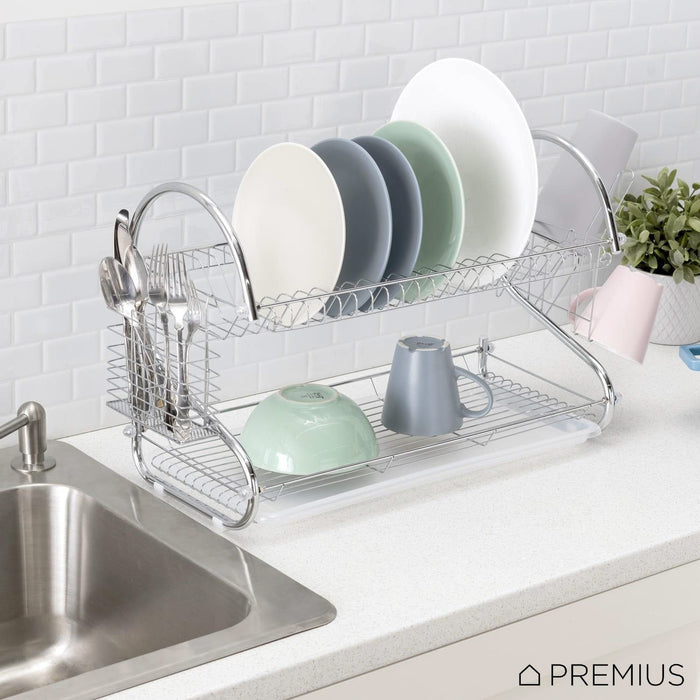 Shopbobbys Premius 2-Tier S-Shape Dish Rack With Drainage Tray And Cutlery Holder, Chrome, 22X9.75X15 Inches