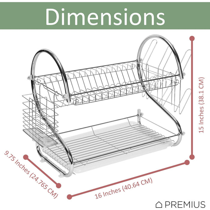 Shopbobbys Premius 2-Tier Chrome Finish S-Shape Dish Rack With Removable Drainage Tray And Cutlery Holder, 16X9.75X15 Inches