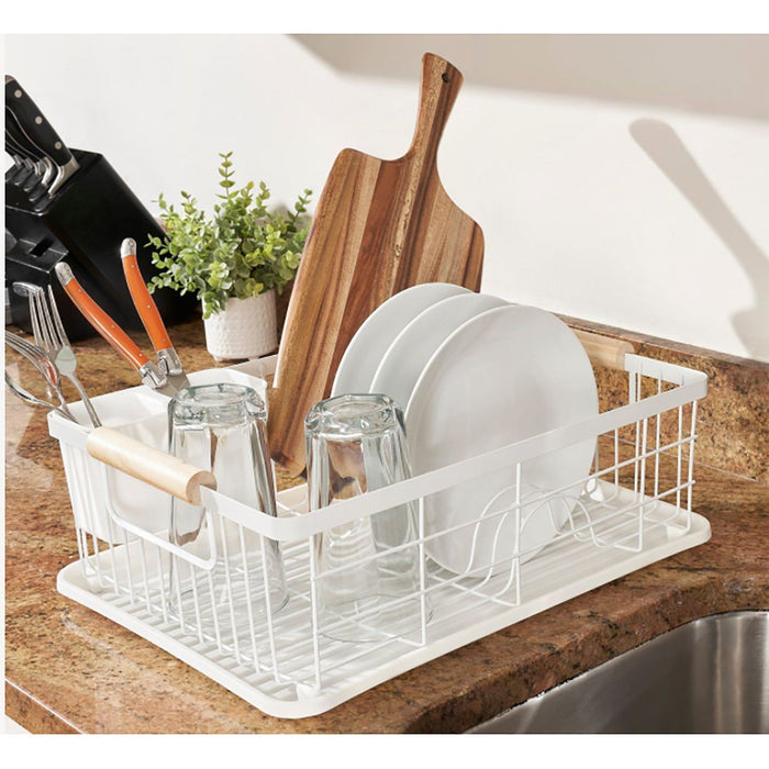 Shopbobbys Premius 3 Piece Dish Rack With Bamboo Handles, White, 16.9X12.6X4.3 Inches