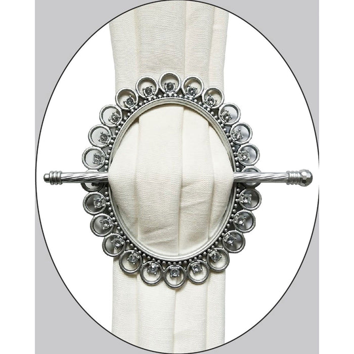 Shopbobbys Premius Oval With Diamond Decorative One Pair Curtain Tie Back, Silver, 7X6 Inches