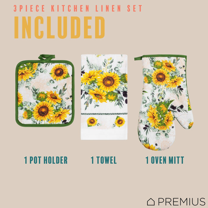 Shopbobbys Premius 3 Piece Printed Kitchen Linen Set, 1 Cotton Towel, 1 Pot Holder, 1 Oven Mitt