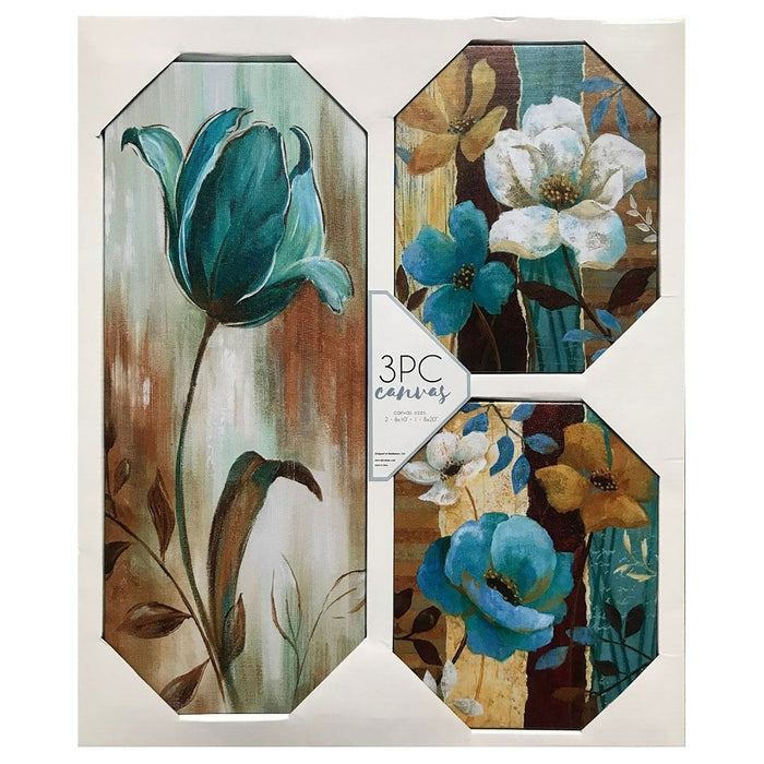 Shopbobbys Premius 3-Piece Floral Canvas Wall Art, Blue-Brown, 23X19 Inches Overall