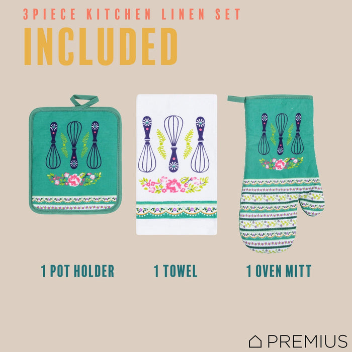 Shopbobbys Premius 3 Piece Printed Kitchen Linen Set, 1 Cotton Towel, 1 Pot Holder, 1 Oven Mitt