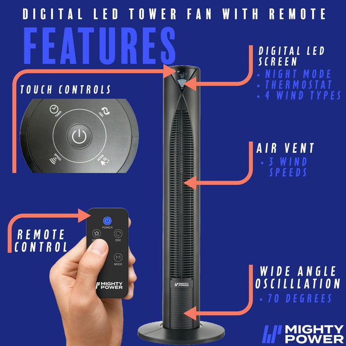 Shopbobbys Mighty Power 3 Speed Led Tower Fan With Remote Control, Timer, Night Mode, Black, 38 Inches