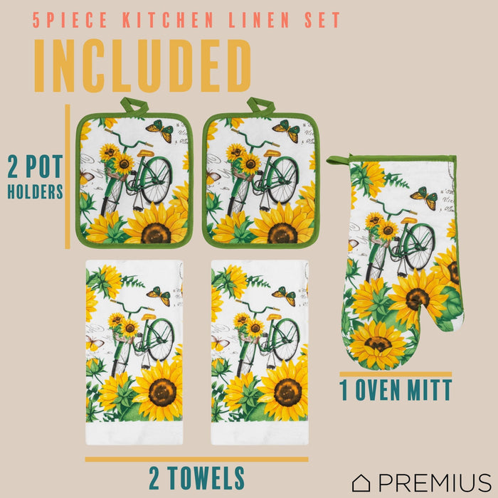 Shopbobbys Premius 5 Piece Printed Kitchen Linen Set, 2 Cotton Towels, 2 Pot Holders, 1 Oven Mitt