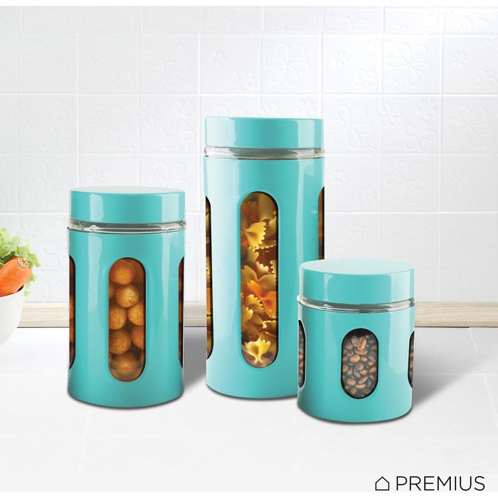 Shopbobbys Premius Airtight 3-Piece Kitchen Glass Canister Set, Turquoise Blue