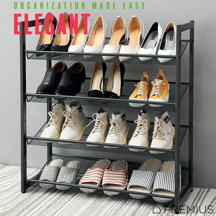 PREMIUS 4 Layer Mesh Shelf Shoe Rack, Black, 29x12x16.5 Inches