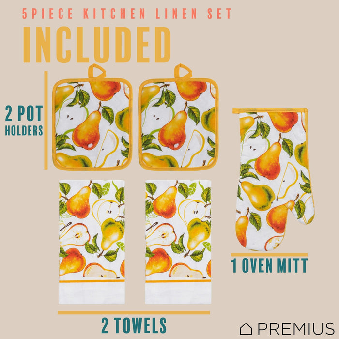 Shopbobbys Premius 5 Piece Printed Kitchen Linen Set, 2 Cotton Towels, 2 Pot Holders, 1 Oven Mitt