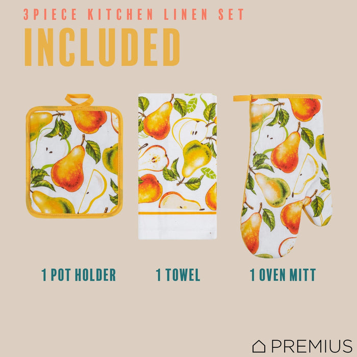 Shopbobbys Premius 3 Piece Printed Kitchen Linen Set, 1 Cotton Towel, 1 Pot Holder, 1 Oven Mitt