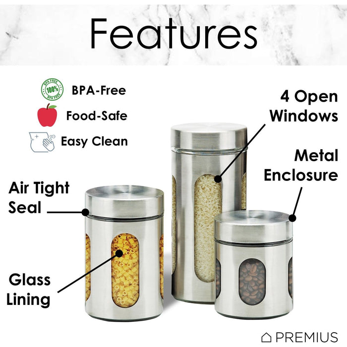 Shopbobbys Premius Airtight 3-Piece Kitchen Glass Canister Set, Stainless Steel Silver