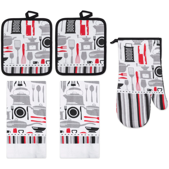 Shopbobbys Premius 5 Piece Printed Kitchen Linen Set, 2 Cotton Towels, 2 Pot Holders, 1 Oven Mitt