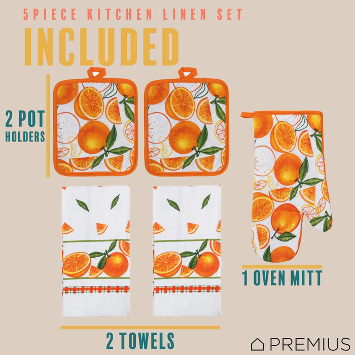 Shopbobbys Premius 5 Piece Printed Kitchen Linen Set, 2 Cotton Towels, 2 Pot Holders, 1 Oven Mitt